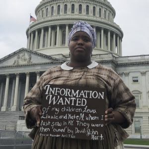 woman holding information wanted sign