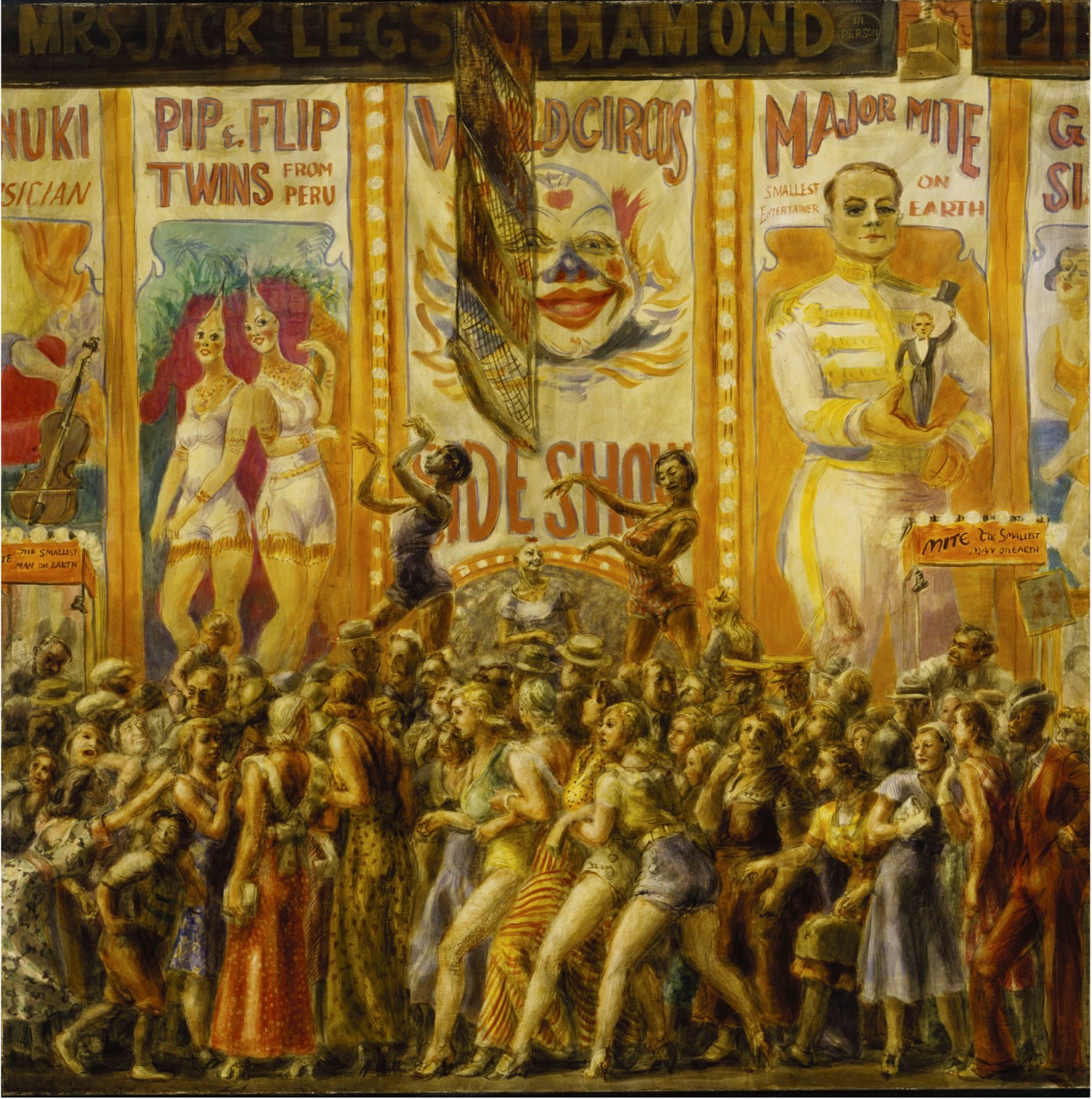A Painting of crowds walk by Coney Island posters advertising the performers Pip & Flip