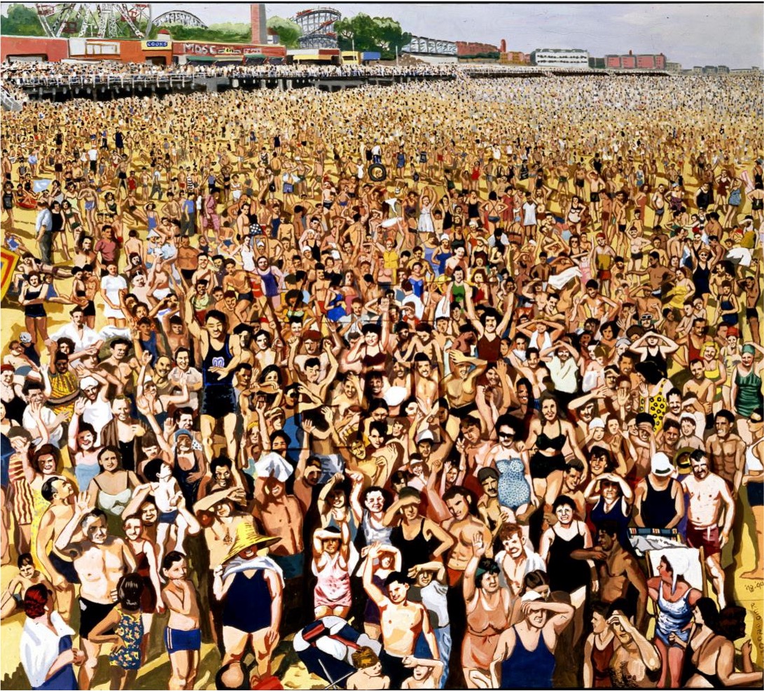 Painting of a massive crowd on the beach at Coney Island