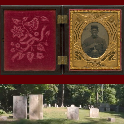 Framed image of an African American solider in the Civil war over an image of a local cemetery and headstones.