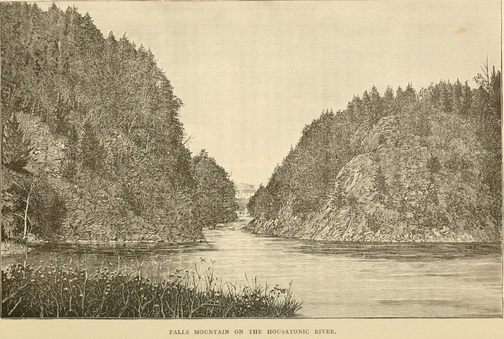 Book engraving of Falls Mountain gorge on the Housatonic River in present-day New Milford Connecticut. Site of a seventeenth century Paugussett Native American fishing village/site.