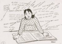 Drawing of Asian American woman leaning over an open newspaper with anti-Asian slogans written around the top edge.