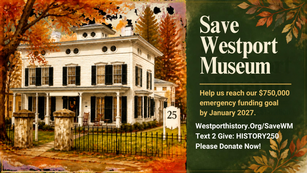 An image of the Museum in the fall with a banner asking to help raise 750,000 dollars by January 2027/